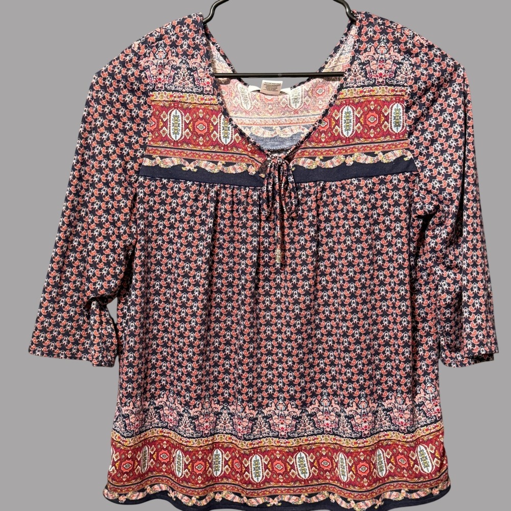 Love Potion Women Red Navy Paisley Boho Peasant Blouse 3/4 Sleeve Top Medium